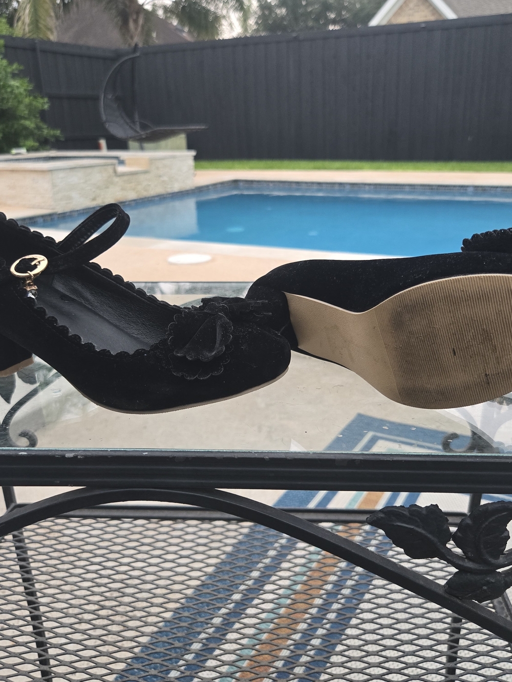 Black Velvet Mary Jane Pumps with Floral Trim - Women